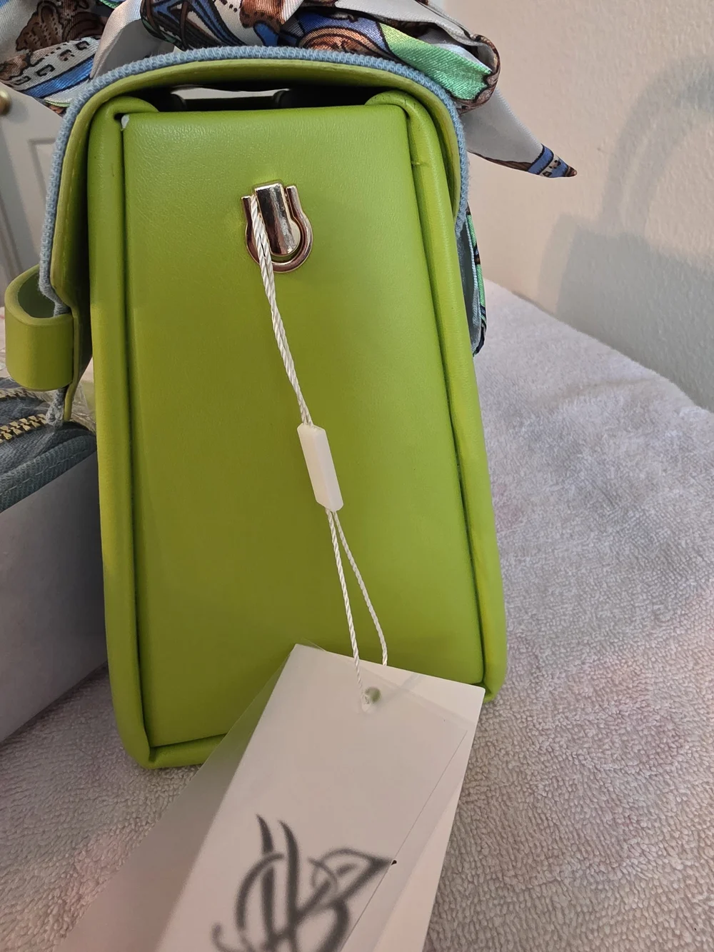 Denim and Lime Green Top-Handle Satchel